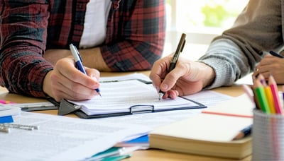 A supportive advisor helping an international student with university application documents.